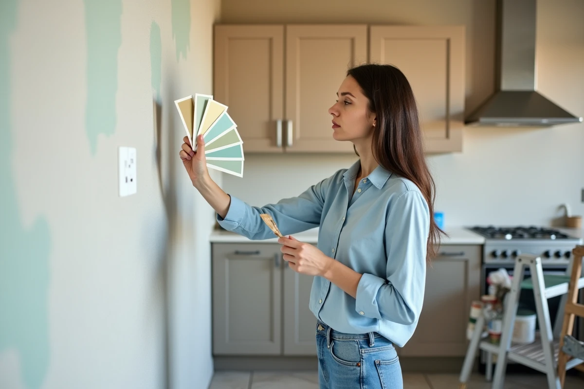Jeune femme inspectant des echantillons de couleur dans la cuisine