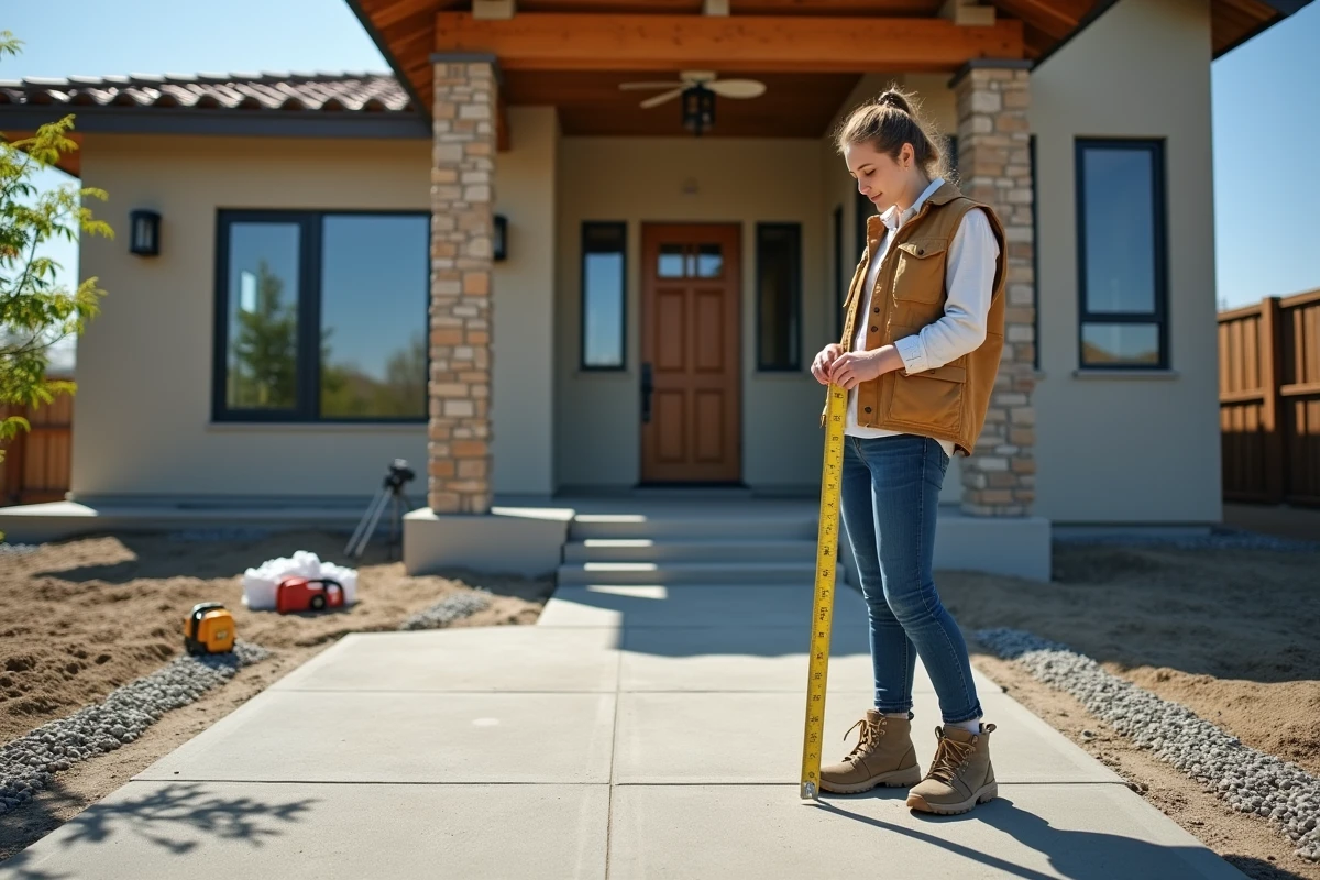 Femme inspectant un patio en béton exposé avec un mètre