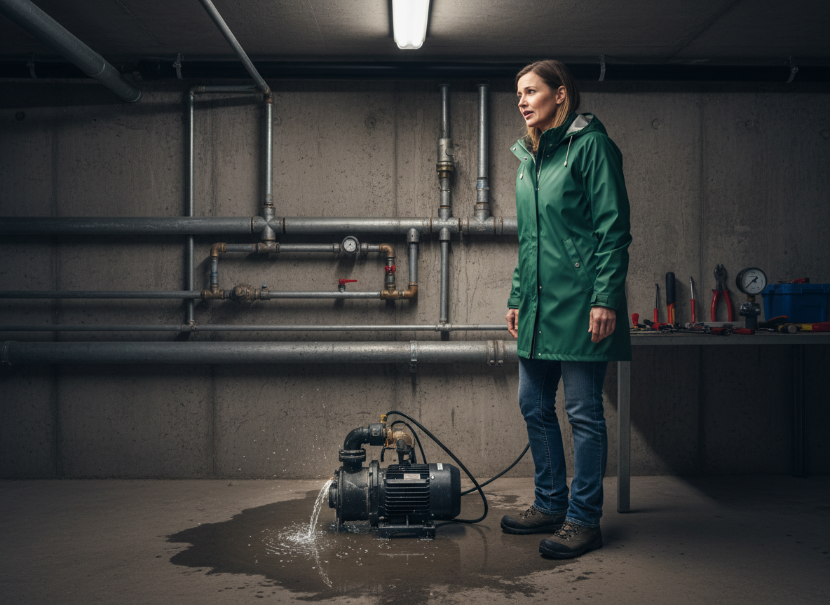 Femme dans un sous-sol inspectant une pompe défectueuse