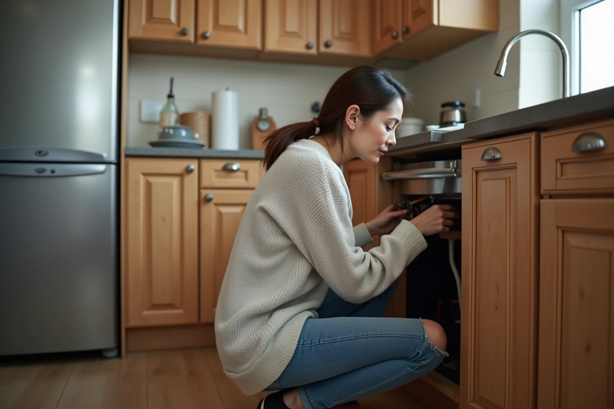 Femme vérifiant la plomberie sous l