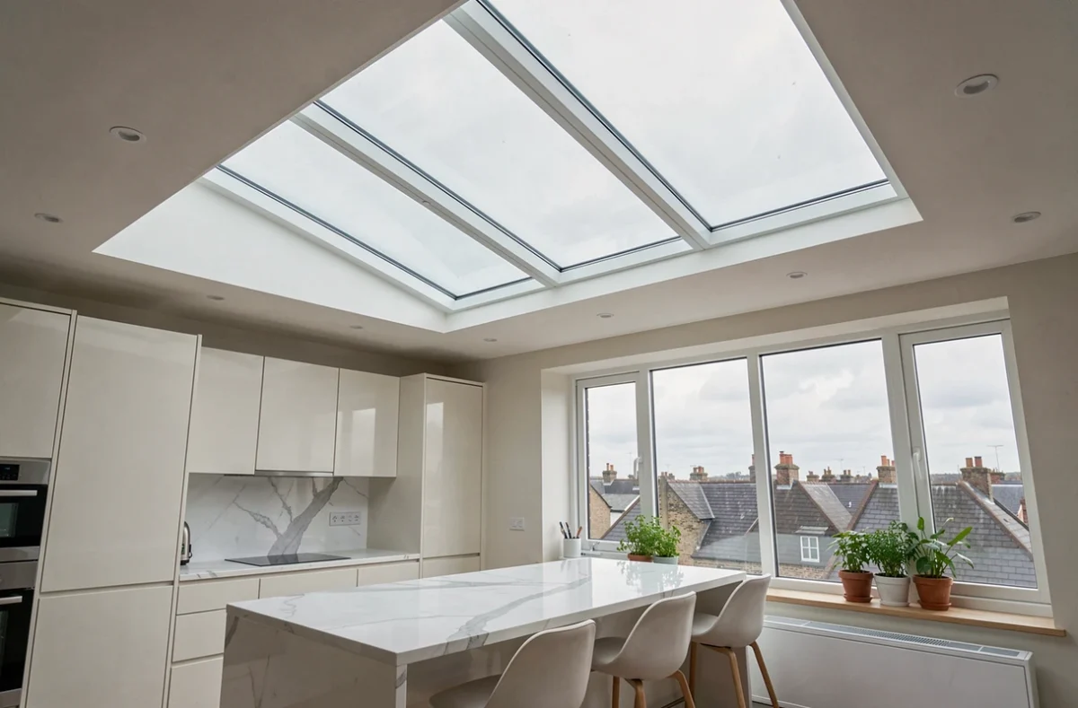 Fenêtre de toit grand format au-dessus d'une cuisine moderne avec vue sur les toits et ciel nuageux