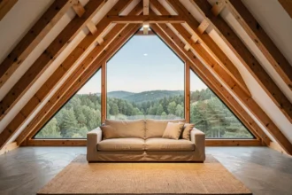 Grande fenêtre de toit panoramique dans un salon sous combles avec vue sur la forêt et structure en bois apparente