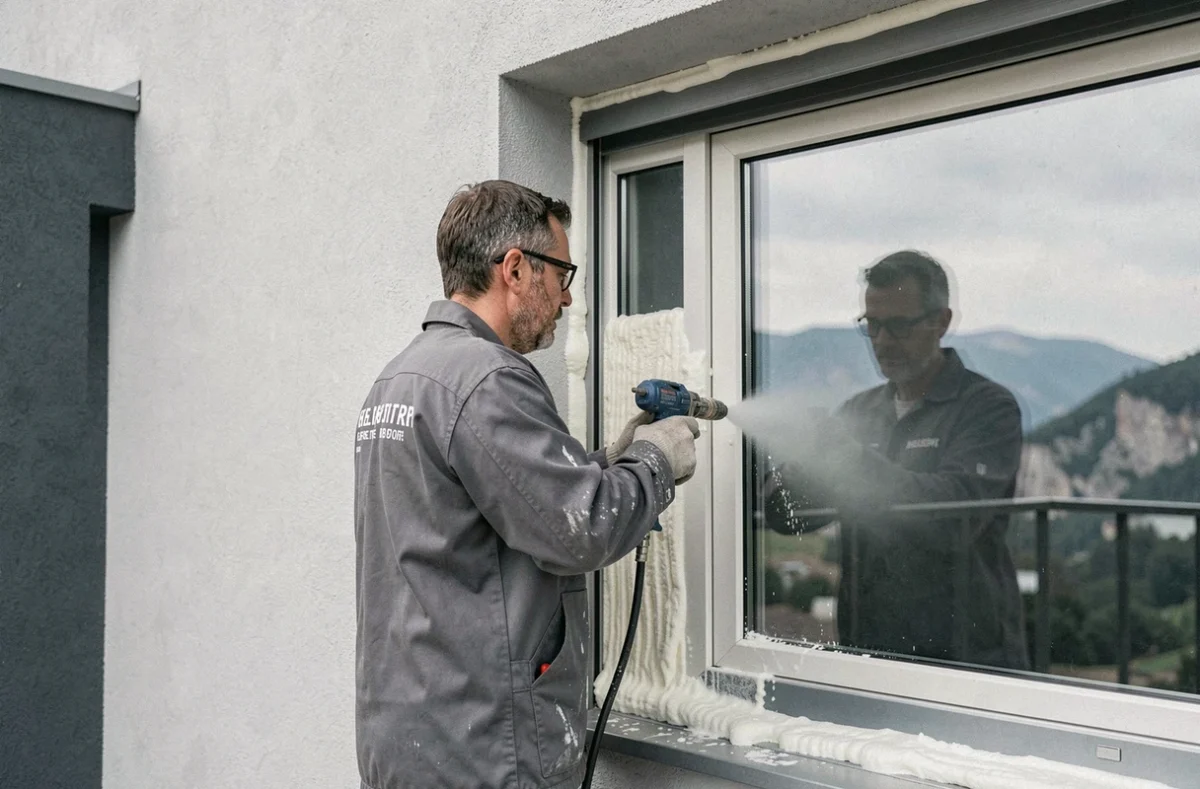Technicien Fenetres.com Belfort posant une menuiserie composite sur une maison neuve dans le Territoire de Belfort