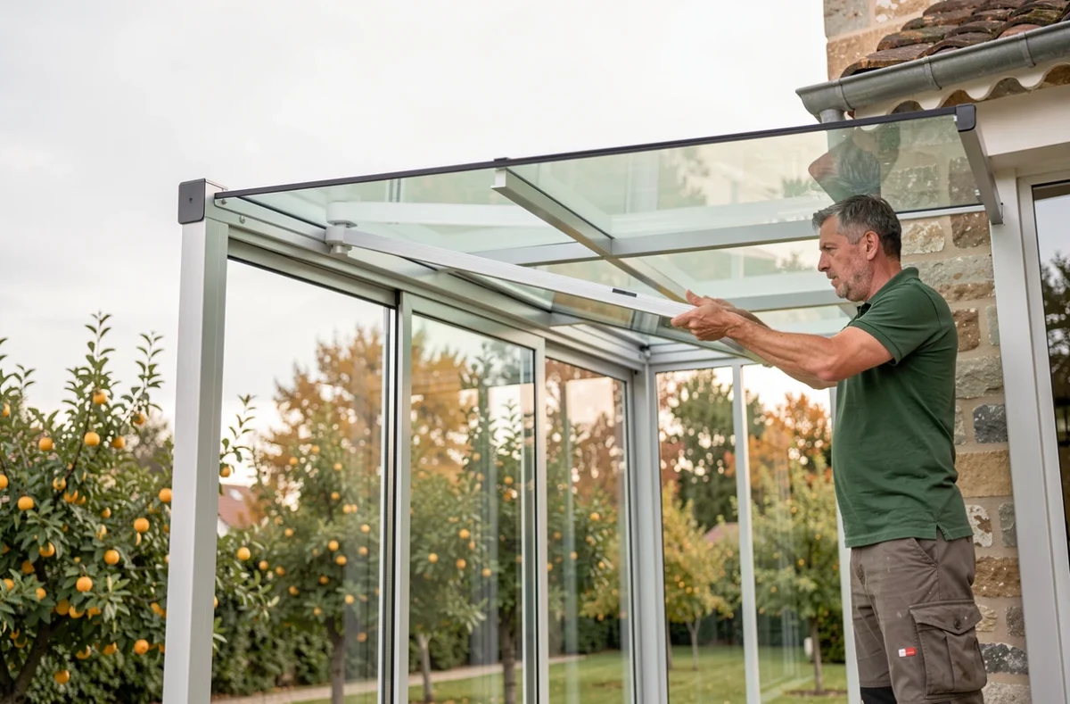 Installateur de Fenêtres et Vérandas du Beaujolais posant une véranda aluminium sur une maison en Saône-et-Loire