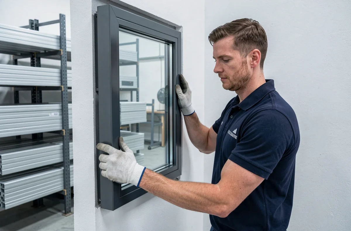 Spécialiste des fenêtres en aluminium Les Fenêtres Vulcain installant un châssis anthracite sur une façade moderne