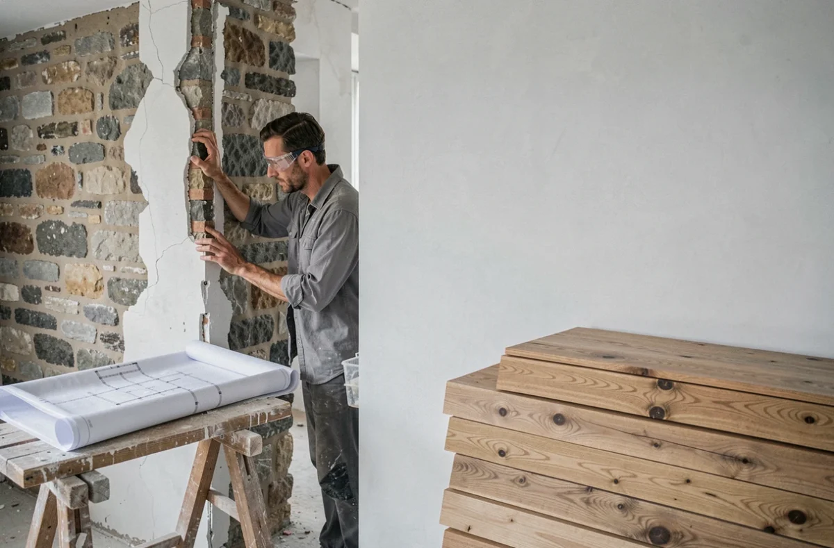 Chantier de rénovation d'un appartement parisien par Festen Architecture avec murs en pierre brute et parquet en chêne