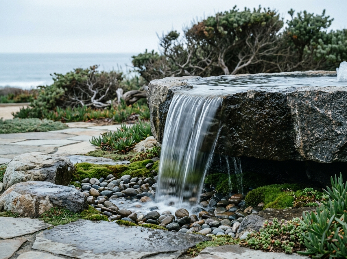 Fontaine à débordement en pierre naturelle avec nappe d'eau glissant sur granit brut dans un jardin zen en bord de mer
