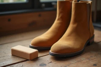 Gomme à nubuck utilisée pour nettoyer des bottines en daim camel posées sur une surface en bois rustique