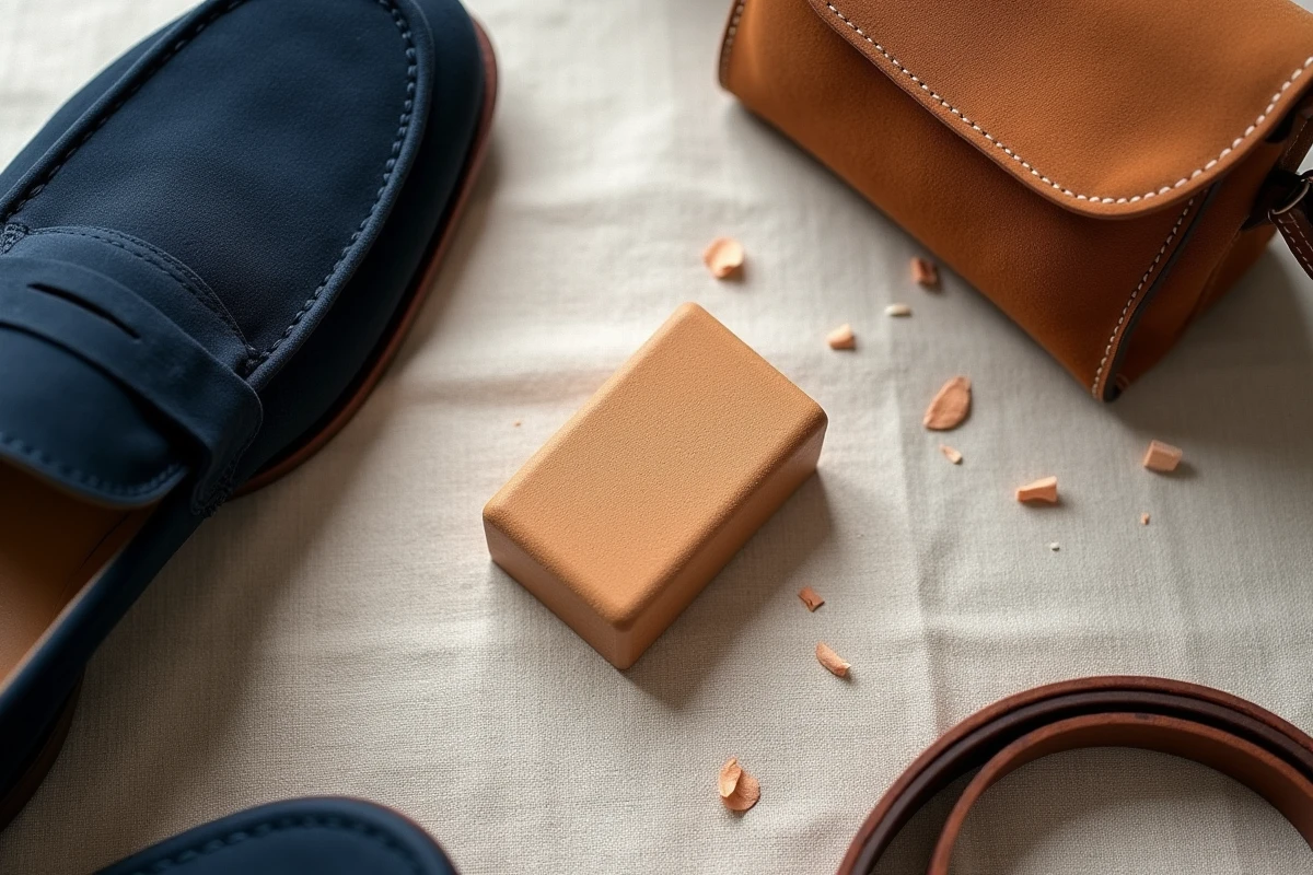 Gomme à nubuck polyvalente entourée d'accessoires en daim : mocassin, sac bandoulière et ceinture sur fond lin