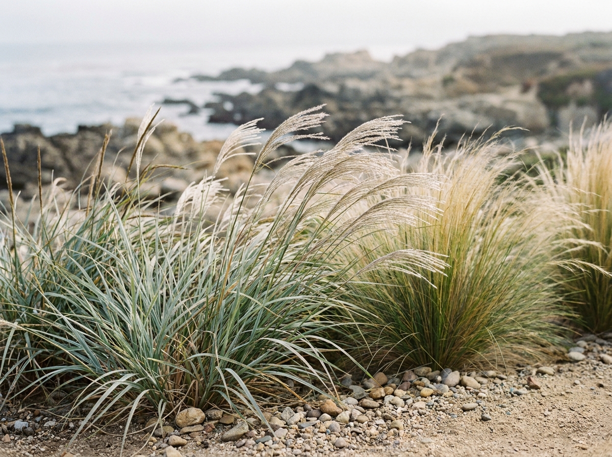 Graminées ornementales littorales aux longues tiges argentées agitées par la brise marine dans un jardin zen côtier