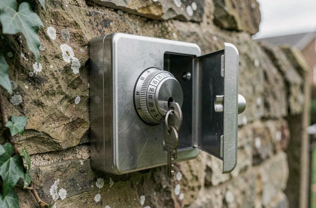 Gros plan d'une boîte à clé à code en acier inoxydable fixée sur un mur en pierre extérieur