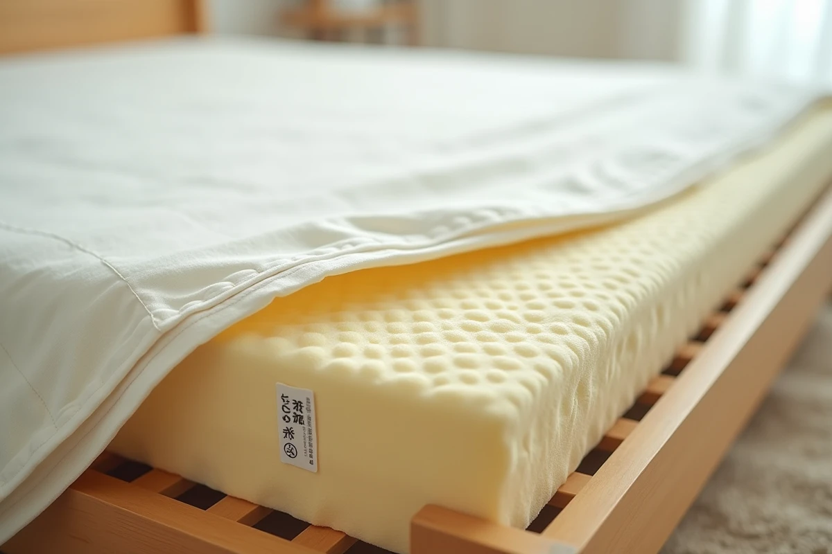 Gros plan sur la surface et la housse dézippée d'un matelas latex naturel japonais révélant la mousse perforée et l'étiquette de certification