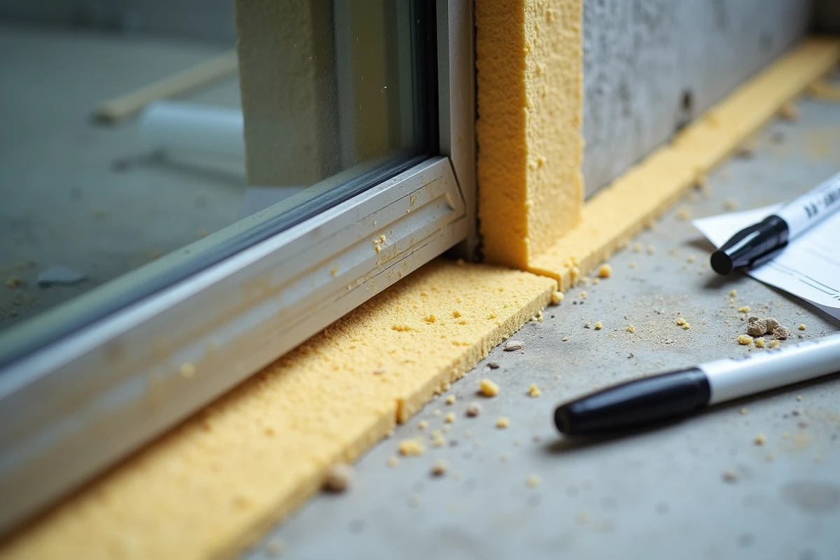 Gros plan sur une application de mousse expansive interdite entre un cadre métallique et un mur en béton sur chantier