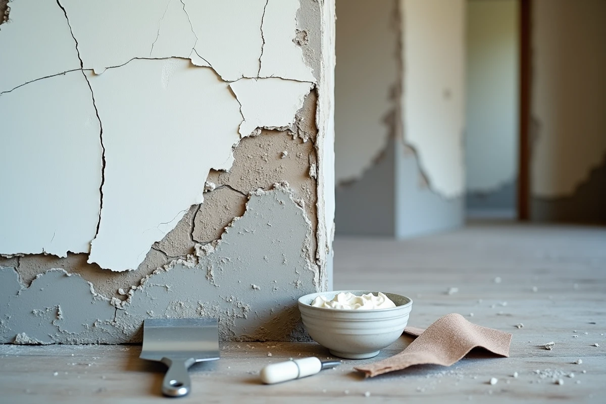 Gros plan sur un mur fissuré et écaillé en cours de préparation avant application d'enduit avec outils de rebouchage au sol