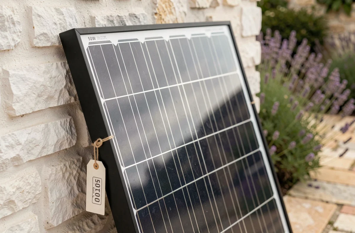 Gros plan sur un panneau solaire bifacial 500W posé contre un mur en pierre, détail des cellules photovoltaïques