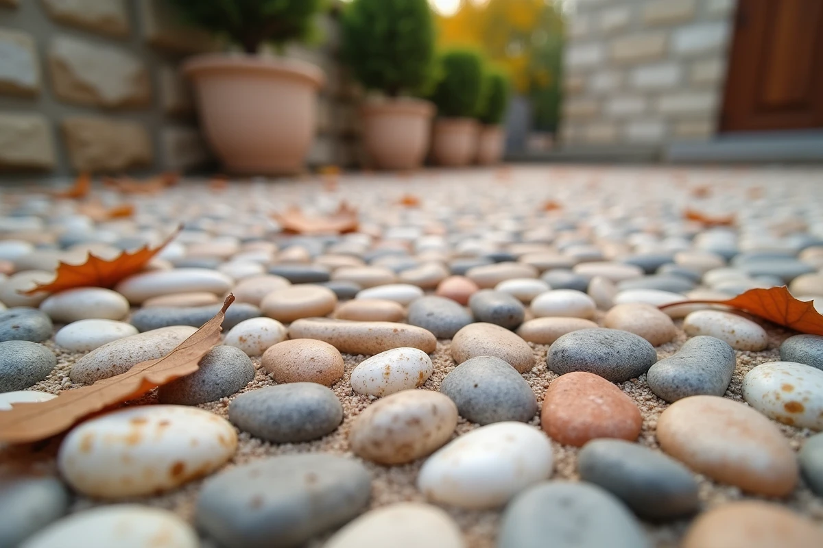 Gros plan sur la texture d'une surface en béton désactivé avec galets de rivière apparents aux tons terracotta, gris et sable