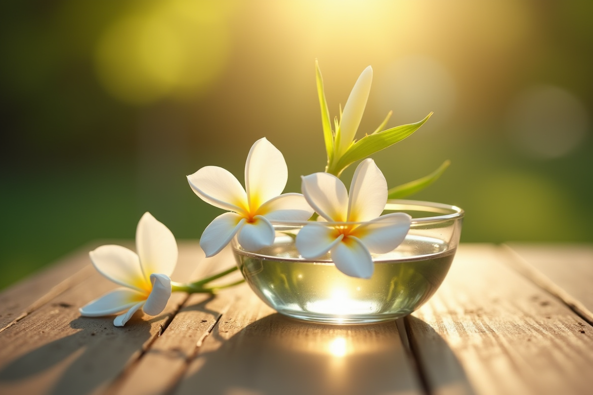 Gros plan d un jasmin placé dans de l eau claire sur une table en bois