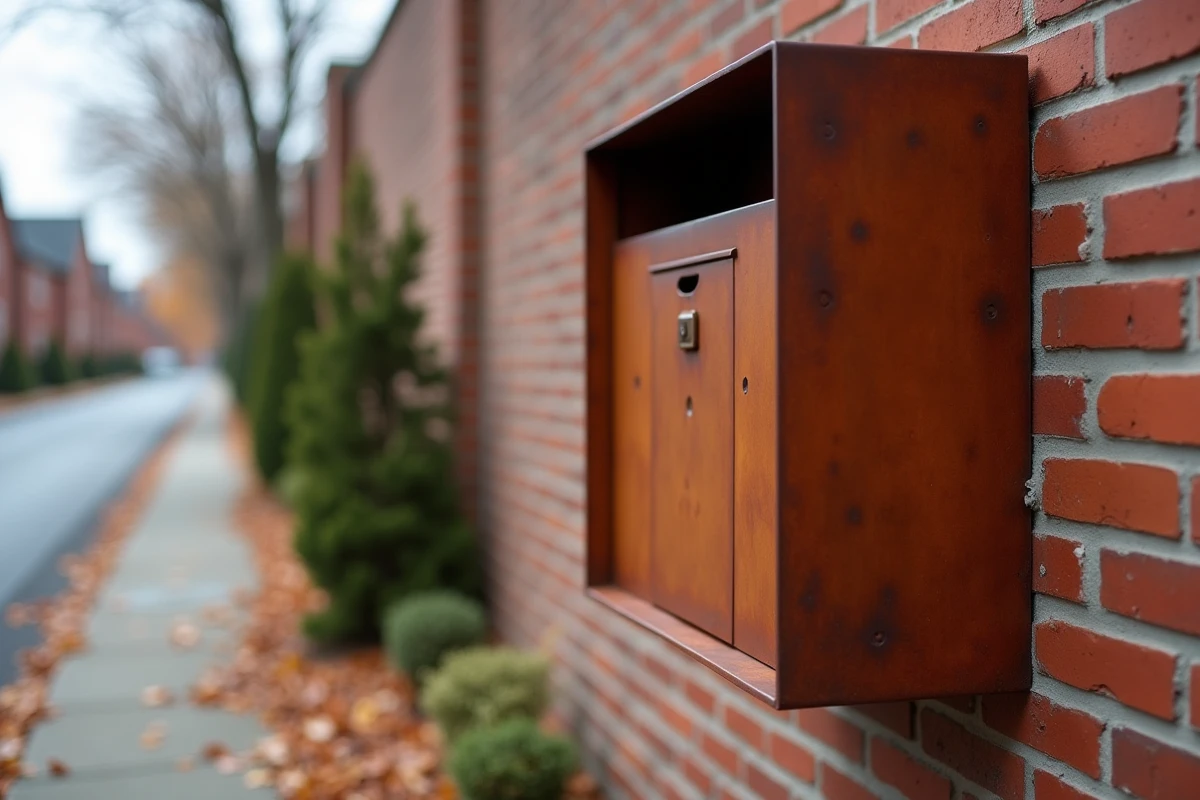 Boîte aux lettres extérieure habillée en acier Corten avec patine rouille sur un mur en briques rouges, dans un jardin urbain en automne