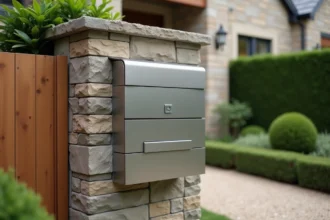 Boîte aux lettres extérieure habillée en acier inoxydable brossé sur un muret en pierre, entourée de buis taillés et d'une allée en gravier