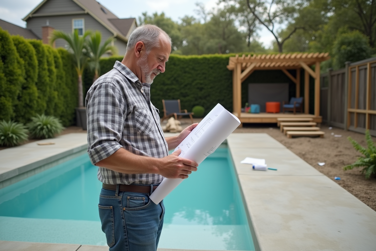 Homme étudie plans de construction près d'une piscine en béton