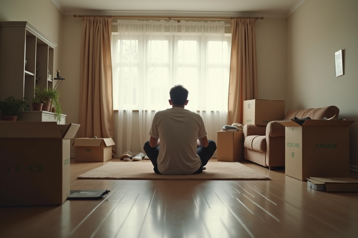Homme seul assis sur le sol dans un salon vide avec des cartons