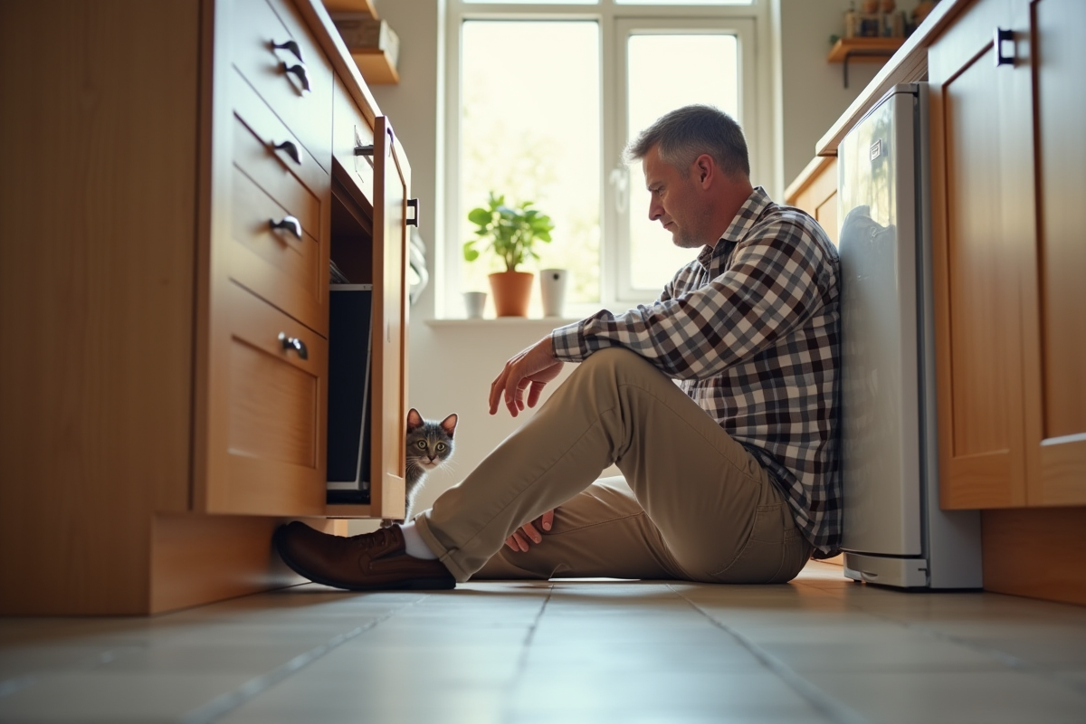 Homme regardant un chaton dans une cuisine moderne
