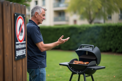 Homme français devant panneau interdiction barbecue