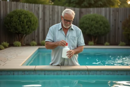 Homme d'âge moyen préparant la piscine extérieure