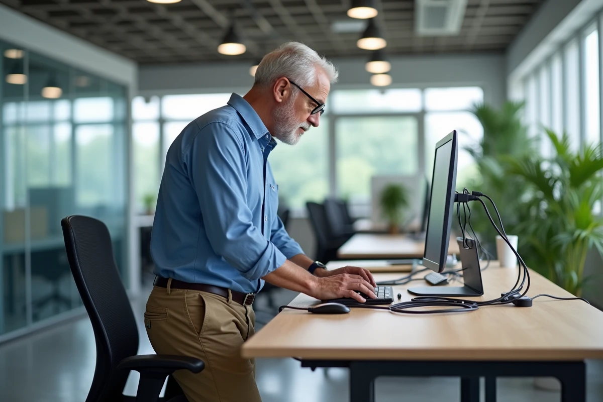 Homme arrangeant des câbles dans une goulotte sur un bureau ouvert