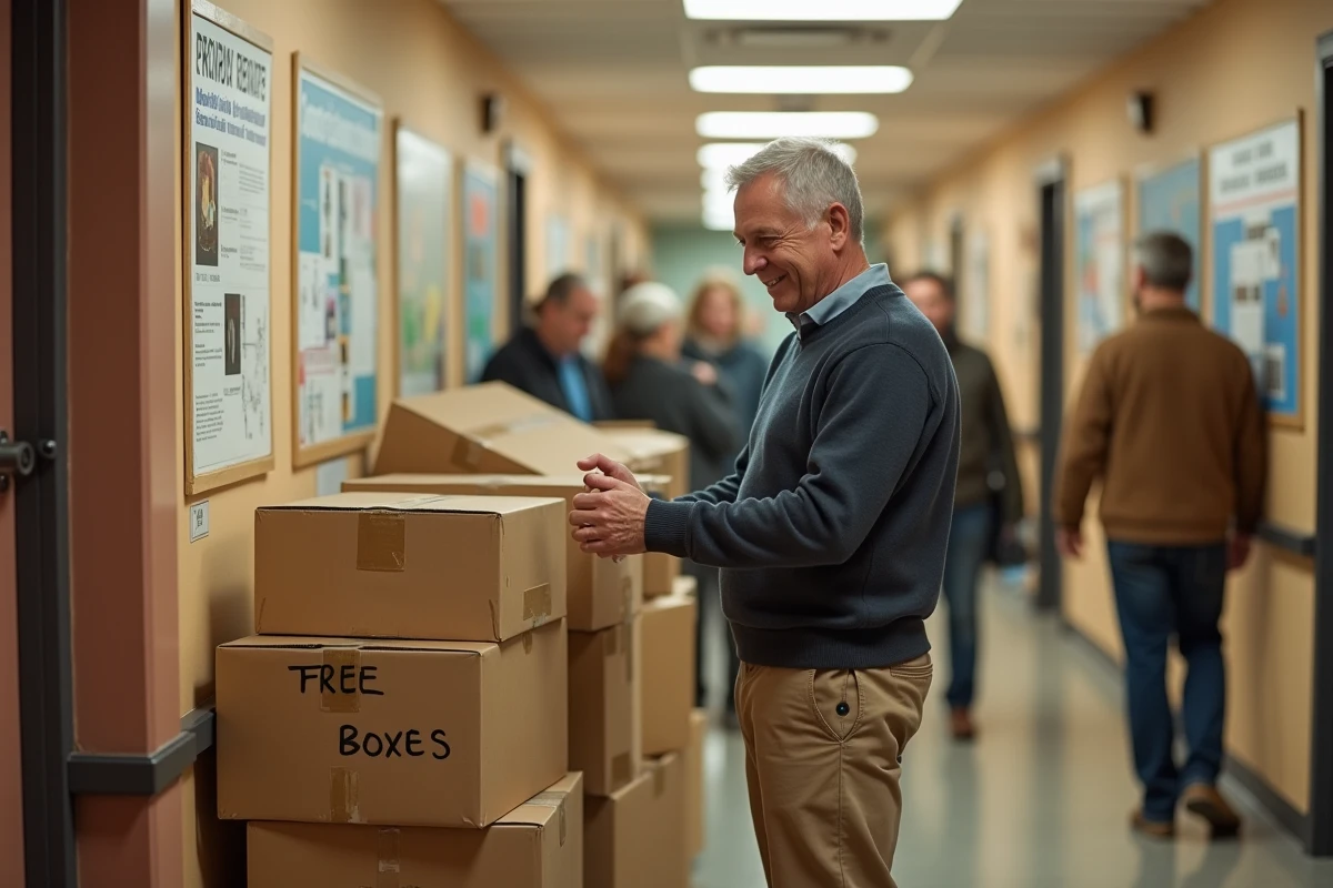Homme examine un carton dans un centre communautaire