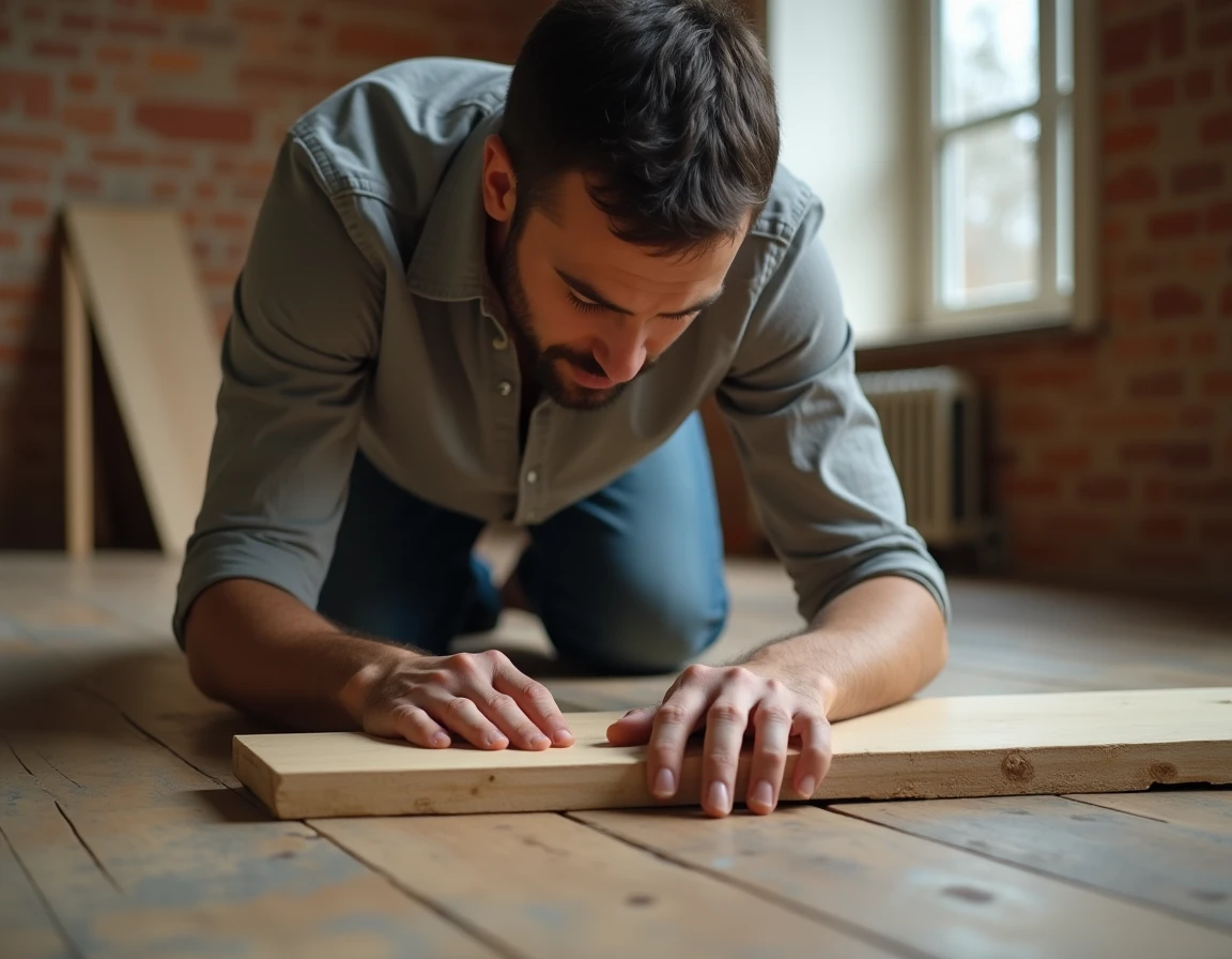 Homme assemblant deux pièces de bois recyclé avec une colle naturelle sans solvant lors d'une rénovation écologique