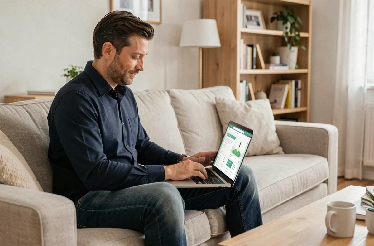 Homme consultant un site de comparaison de services de ménage sur son ordinateur portable dans un salon