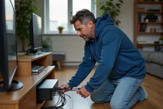 Homme en hoodie connectant un décodeur TV dans un salon lumineux