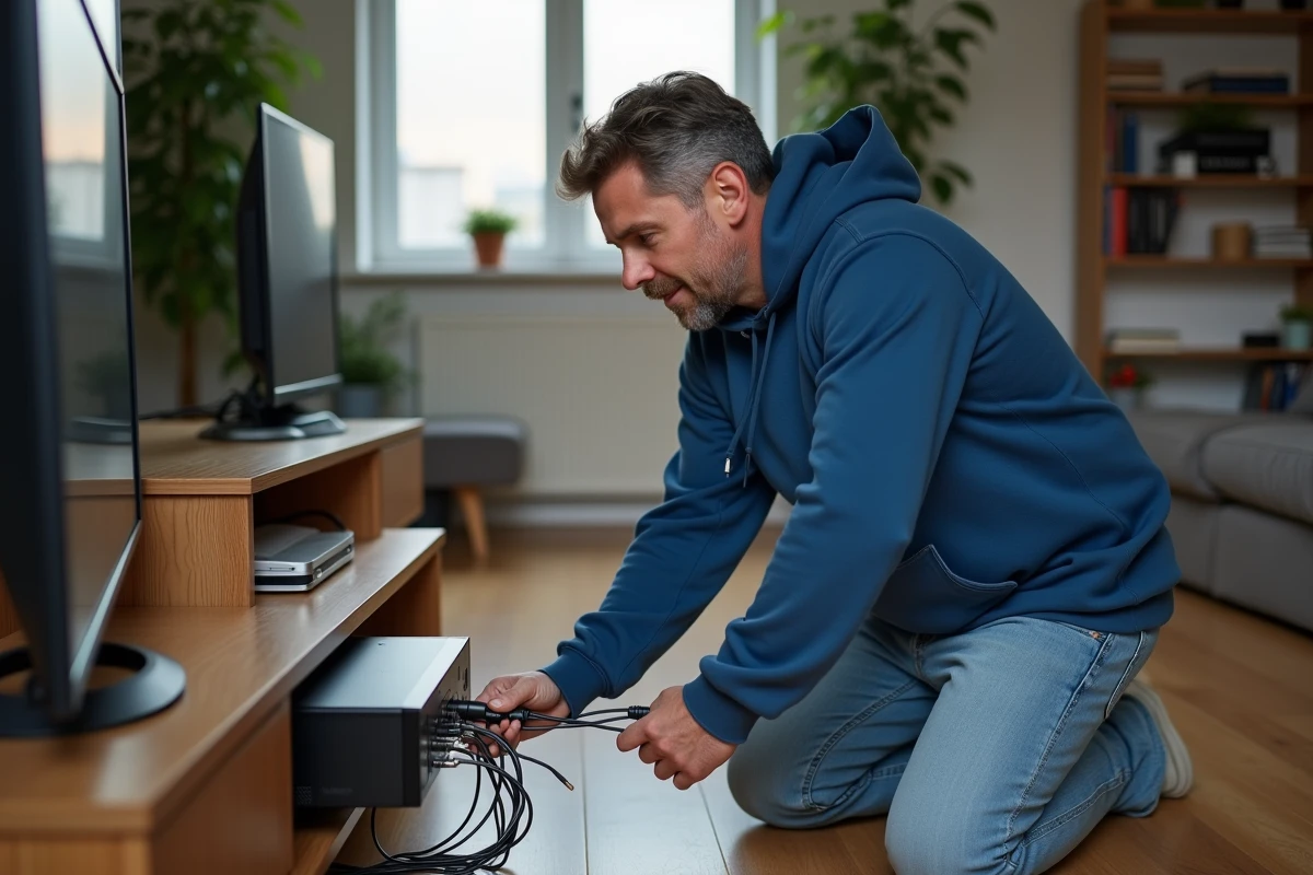 Homme en hoodie connectant un décodeur TV dans un salon lumineux