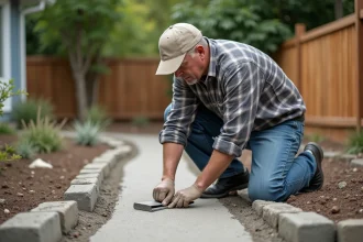 Homme en vêtements de travail lissant du béton exposé