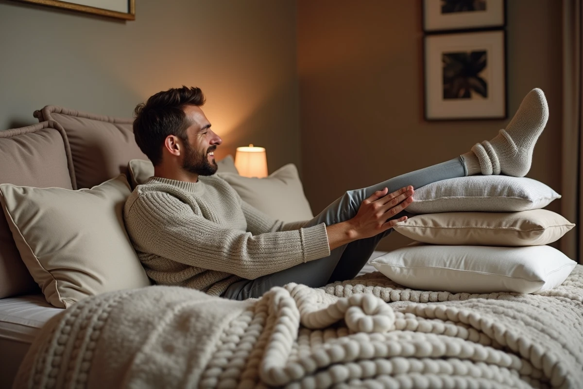Homme souriant sur lit avec coussins et décoration chaleureuse