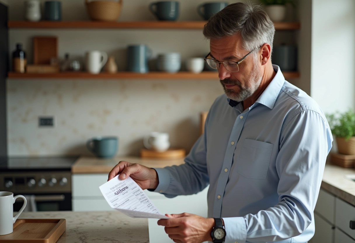 Homme d age moyen vérifiant ses achats parisiens à la maison