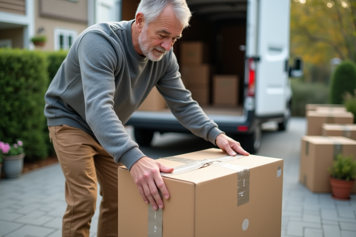 Homme emballant un grand carton devant une maison avec van de déménagement