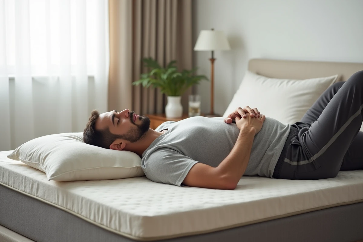 Homme endormi sur un matelas Duvivier haut de gamme dans une chambre minimaliste