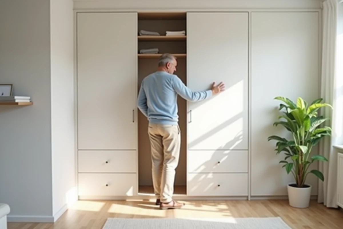 Homme fermant une armoire dans une chambre scandinave lumineuse