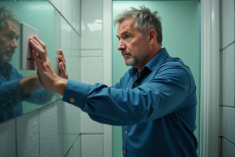 Homme hésitant devant un interrupteur dans la salle de bain