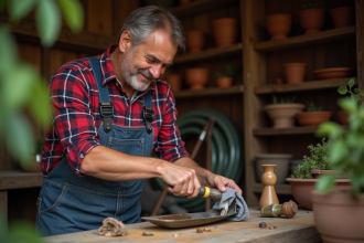 Homme appliquant de l'huile sur un outil de jardinage rustique
