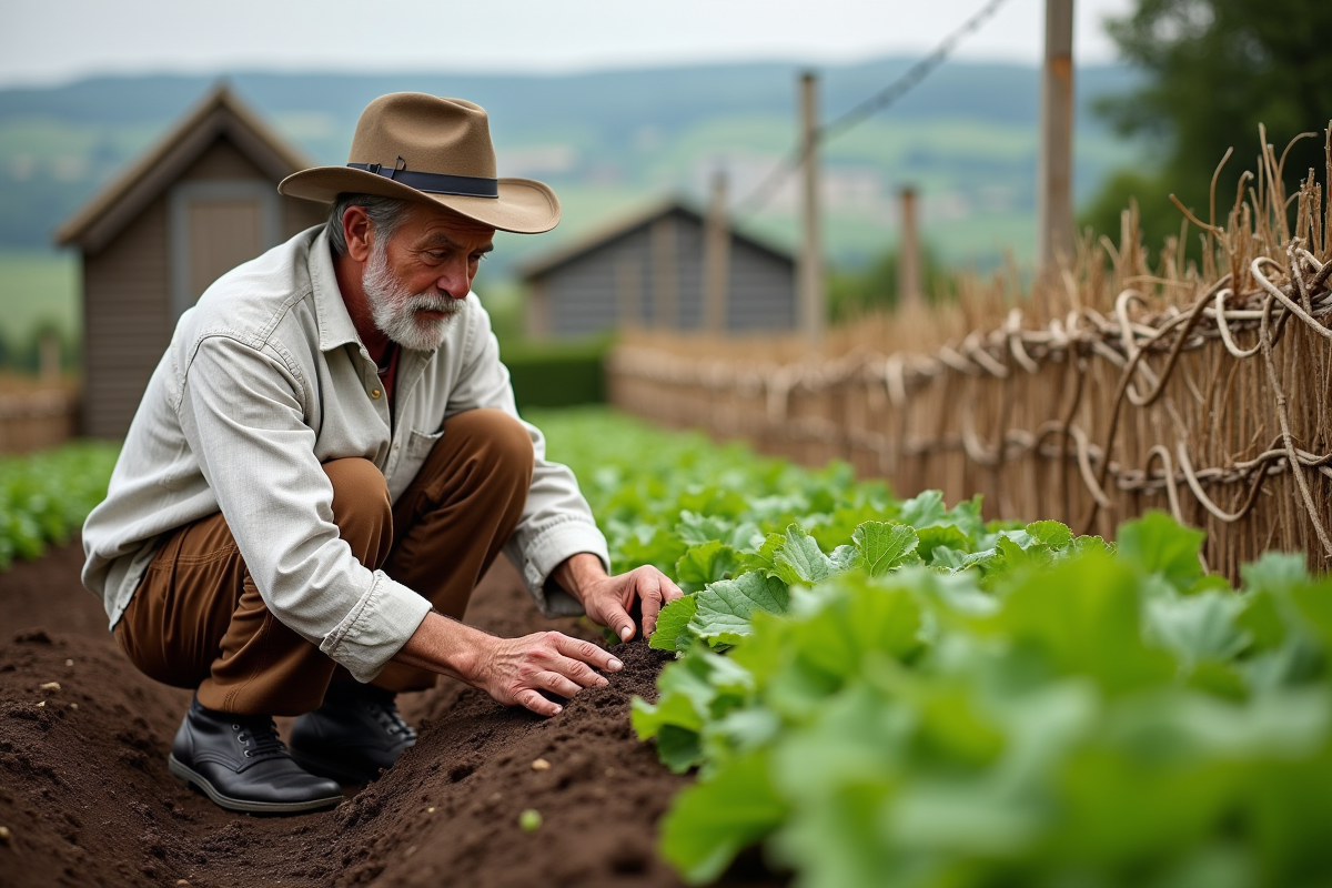 Homme âgé examinant la terre dans un jardin rural