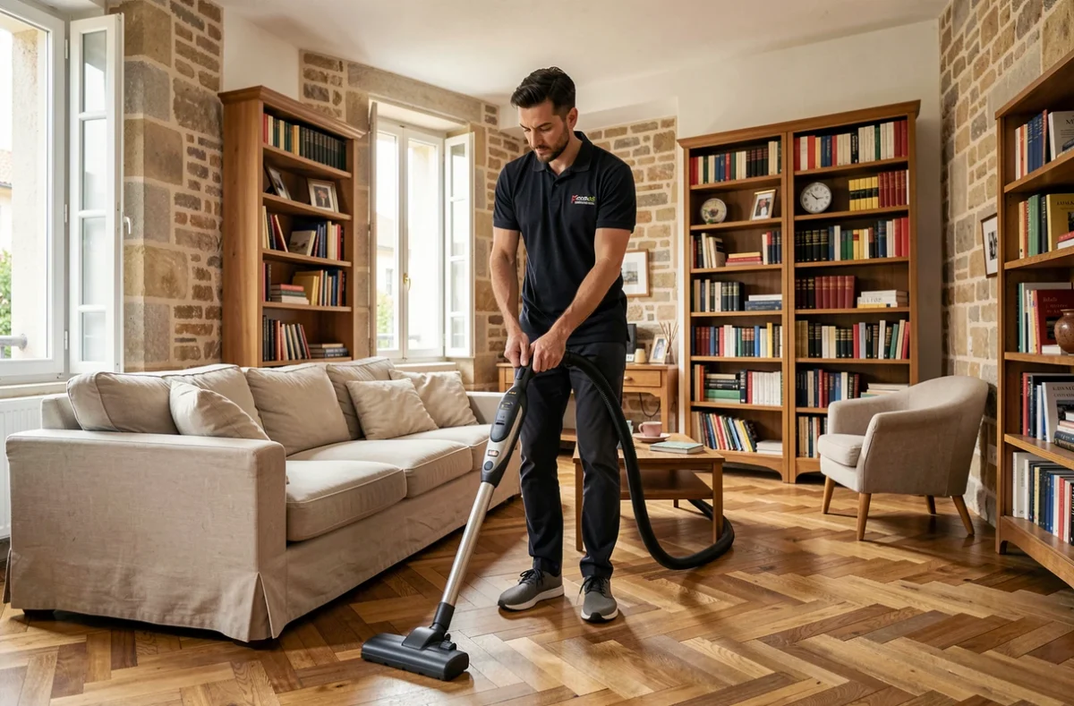 Homme de ménage passant l'aspirateur dans un salon bien meublé d'un appartement résidentiel à Clermont-Ferrand