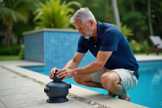 Homme en polo bleu nettoyant un filtre de piscine extérieur