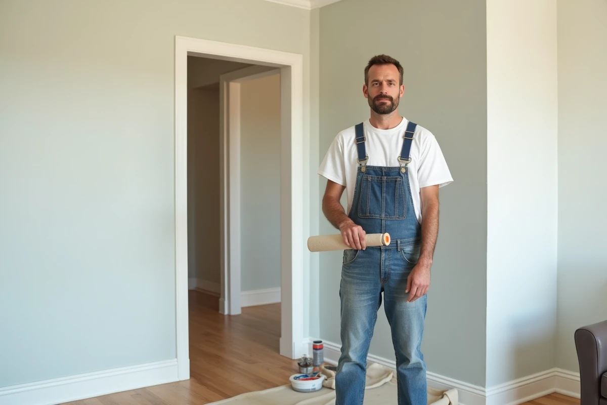 Hommes en overalls peignant un mur moderne lumineux
