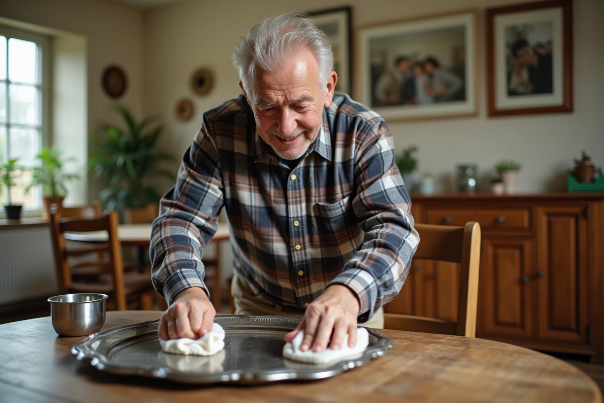 Homme polissant un plateau en argent avec vinaigre