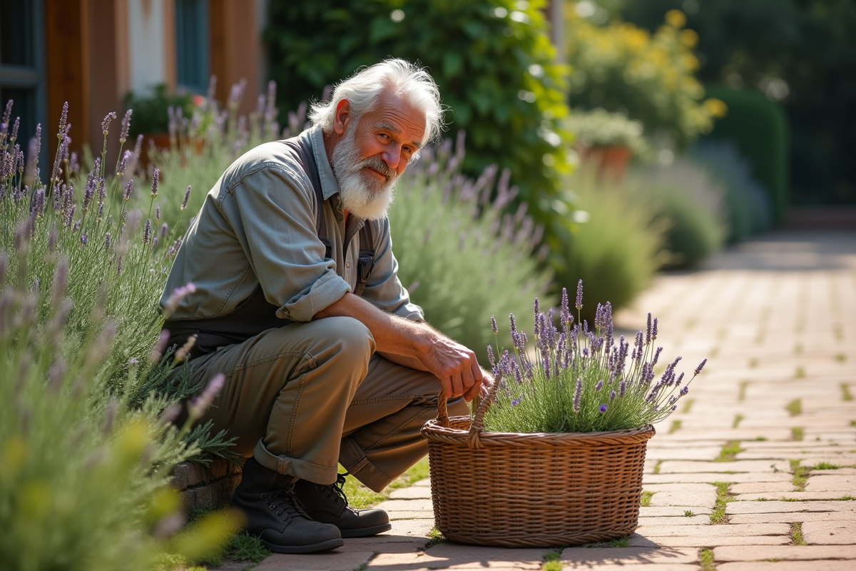 Homme âgé récoltant des tiges de lavande dans un jardin rural