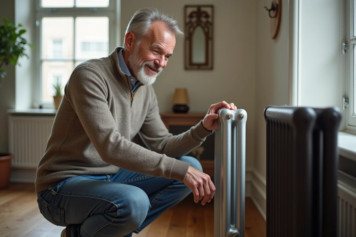 Homme d'âge moyen examinant un radiateur en fonte dans un salon moderne