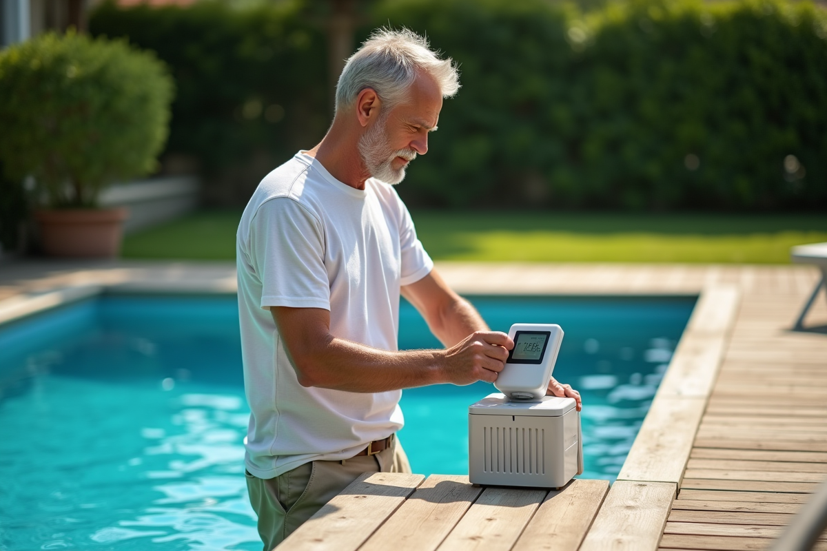 Homme d'âge moyen ajustant un minuteur de piscine en été